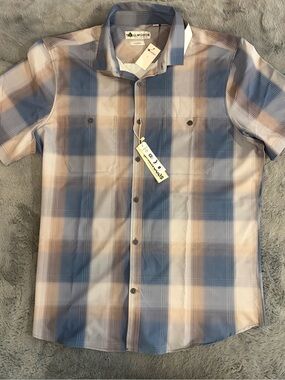 Tallwoods Men’s Blue & Beige Plaid Short Sleeve Button-Down Shirt